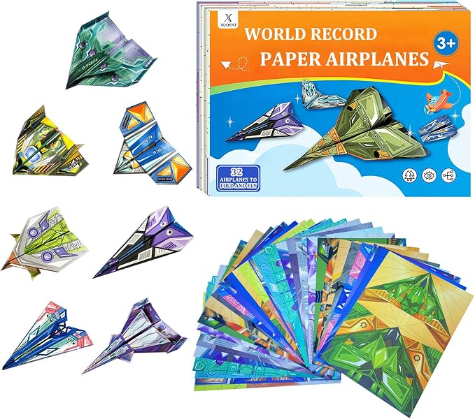Xuoent Paper Airplane Kit, Kids Origami Kit, World Classic Paper Planes with 32 Sheets 16 Creative Designs, STEM Origami Paper Craft Set with Digital Video Tutorial, Crafts for Kids Age 6-12
