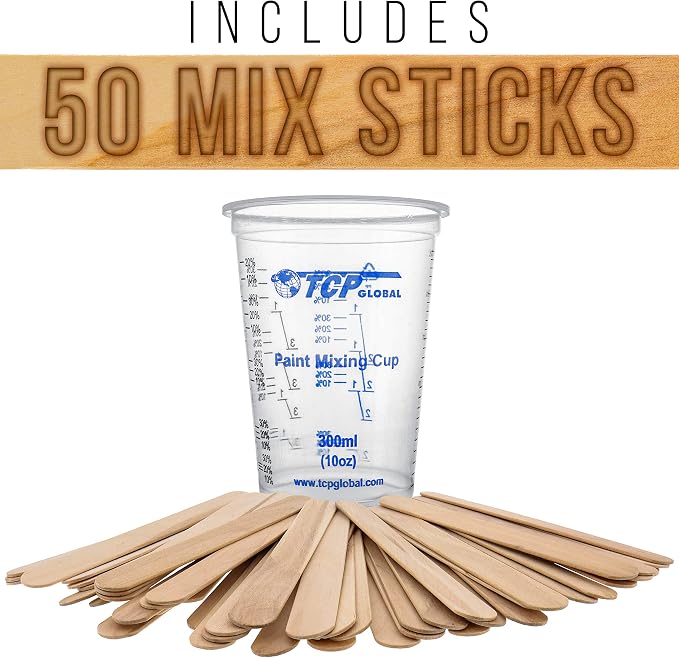 TCP Global 10 oz. (300ml) Graduated Plastic Mixing Cups - Box of 100 | Plus 50 Mixing Sticks, Disposable Plastic Measuring Cups for Liquids, Paints, Resin, Epoxy, Kitchen , Ratios 2-1, 3-1, 4-1 ML
