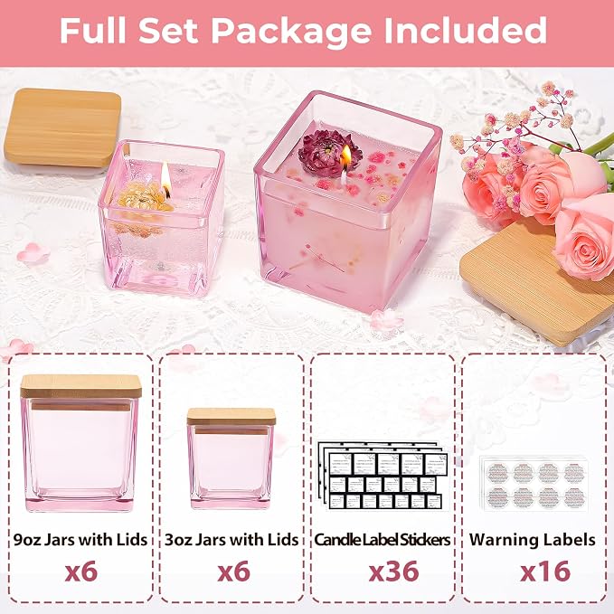 CONNOO 12 Pack 9oz & 3oz Pink Glass Square Candle Jars with Bamboo Lids