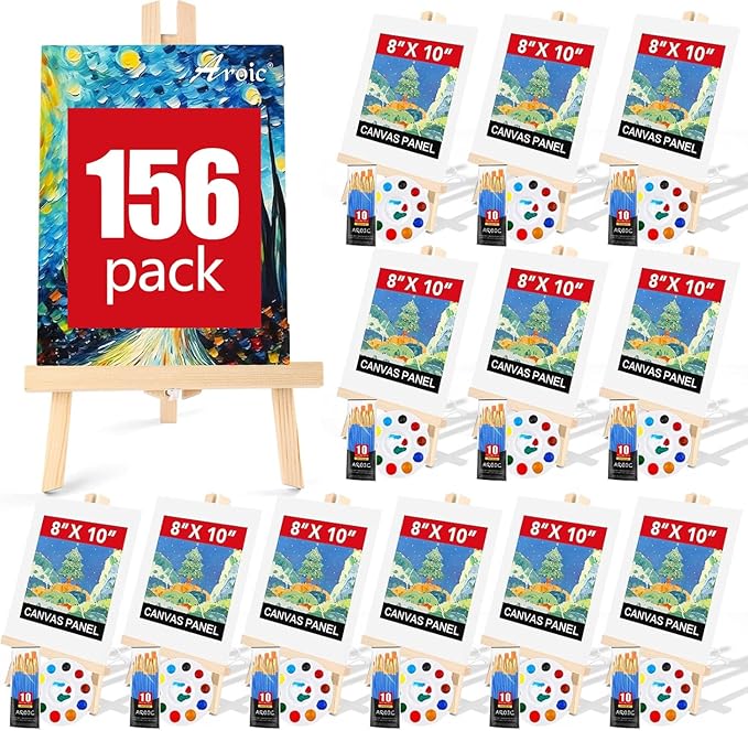AROIC 156 PCS Professional Painting Set, 12 Wood Easels,120 Brushes | with Nylon Brush Head,12 Drawing Boardart and 12 Palette, Painting Supplies kit for Adults to Painting Party