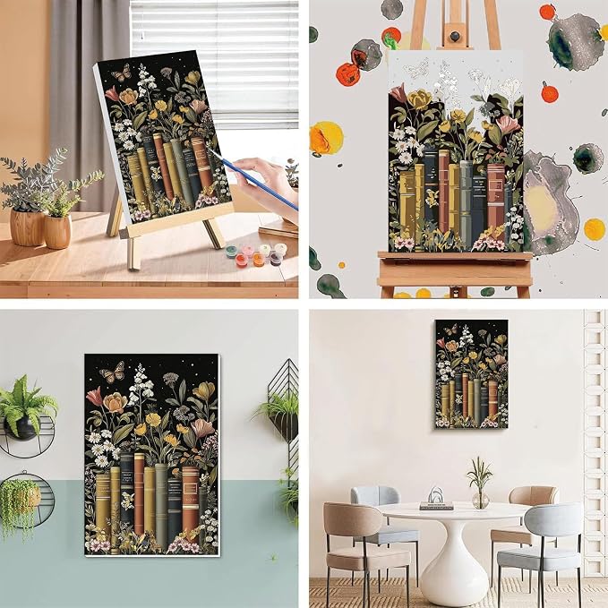 xackcme Book Paint by Numbers for Adults with Framed Canvas 8x12 inch | Flowers Paint by Number on Canvas, DIY Books Acrylic Oil Painting Kits with Wooden Easel Brushes for Home Wall Decor
