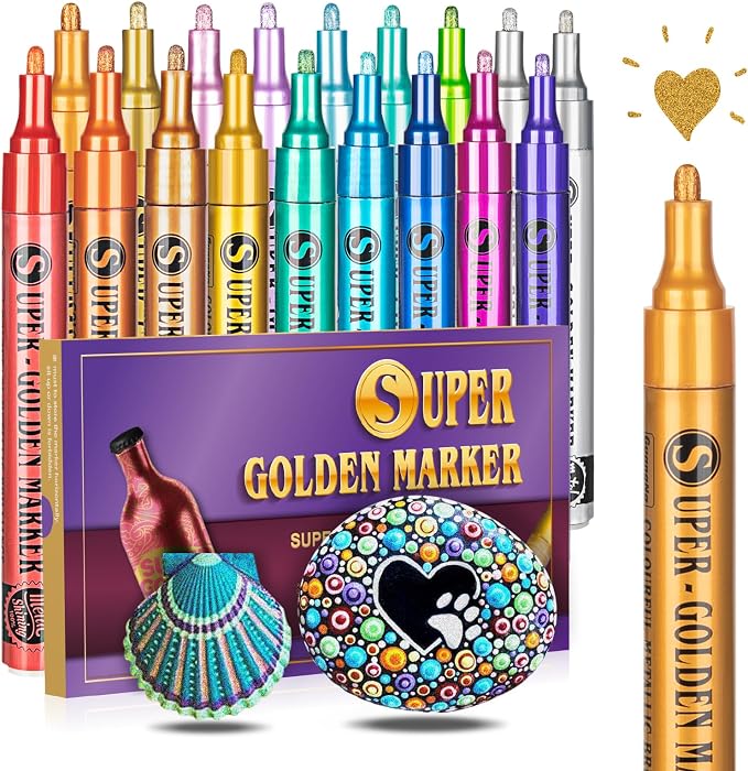 SAKEYR Super Golden Metallic Paint Markers, 18 Colors Sparkle Metallic Glitter Markers, Acrylic Paint Pens for Rock Painting, Glass, Wood, Fabric, Black Paper, Cards, Scrapbook, DIY Art Crafts (2-3mm)