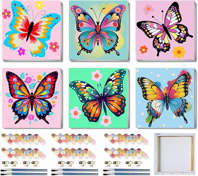 MXCFZX 6 Pack Butterfly Paint by Number for Kids with Wooden Frame,Easy Paint by Numbers for Kids Ages 4-8-12 Children DIY Acrylic Oil Painting by Number Kits for Home Wall Decor 8x8 Inch