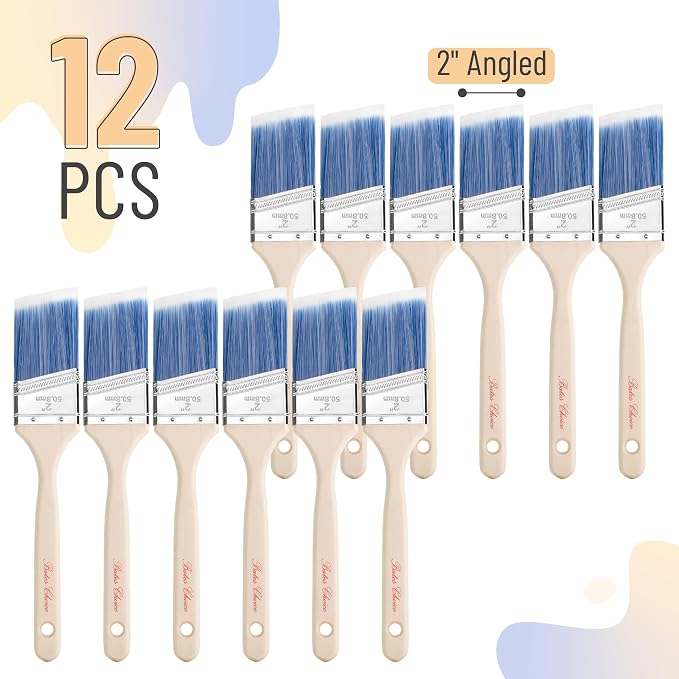 Bates Angle Paint Brushes, 2-Inch, 12 Pack, Treated Wood Handle, Stain & Wall Brushes for Painting Furniture & Walls