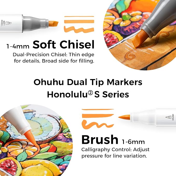 Ohuhu Alcohol Markers 120 Colors Brush& Soft Chisel for Adult Cozy Coloring | AP Certified Refillable Alcohol-based Ink, Drawing Markers for Artists Beginners Coloring Illustration Sketching, Honolulu 2S