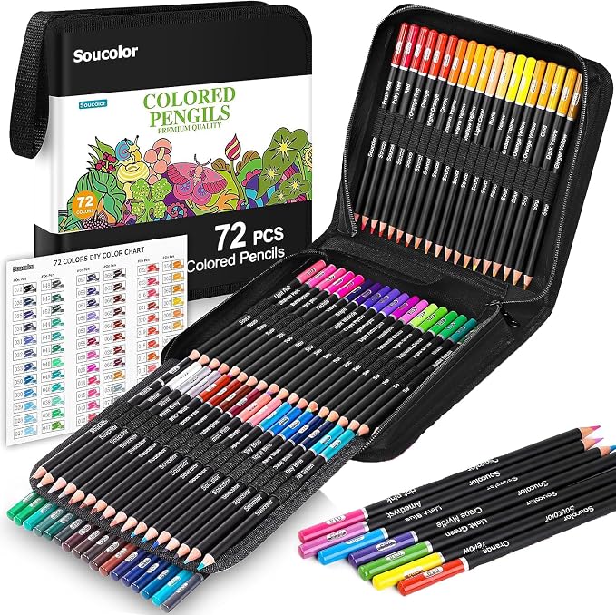 Soucolor 72-Colors Colored Pencils Set,Soft Core for Adult Coloring Books | Blending Shading Drawing Kit, Non-Toxic Artist Pencils with Zippered Case, Art Supplies Gift for Adults Kids Students