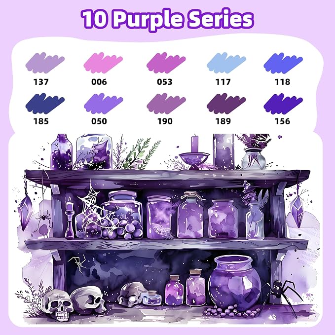 LIULIUCAI 10 Purple Dual Marker, Fine & Brush Tip Pen for Adult Coloring