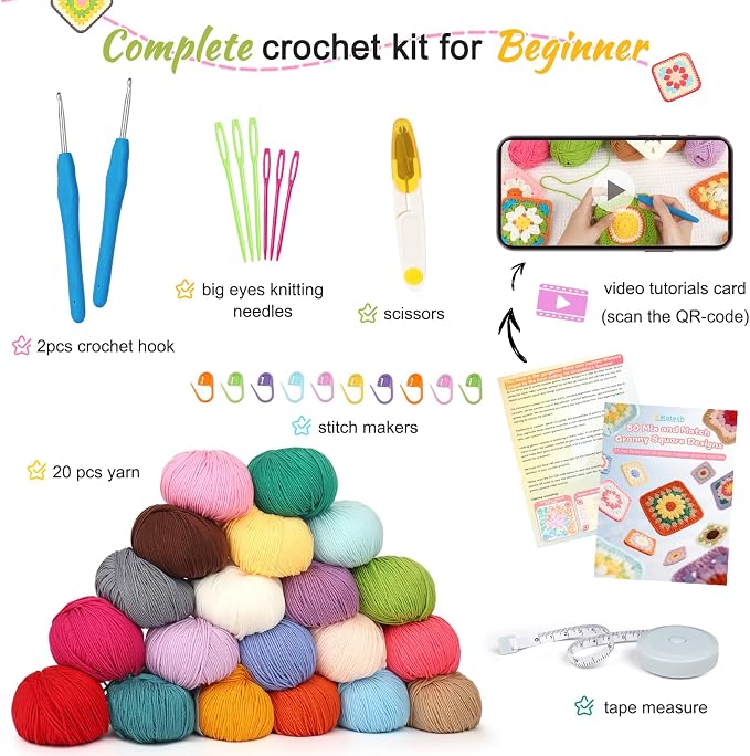 Katech Crochet Kit for Beginners, 50 Granny Squares Kit for Adults Beginner