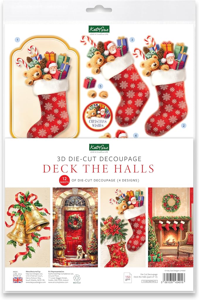 Katy Sue Deck The Halls Die-Cut Decoupage Pack. 12 Pre-Cut Die-Cut Decoupage Sheets for Christmas Card Making Supplies & Card Toppers Featuring Christmas Stocking, Jingle Bells & Holiday Scenes