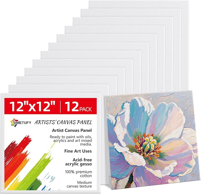 Simetufy 12 x 12 inch 12 Pack Painting Canvas Boards- Gesso Primed | Acid-Free 100% Cotton Canvas Panels for Acrylics Oil Watercolor Tempera Paints