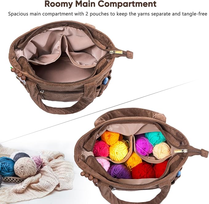 MYBAGZING Corduroy Crochet Bag 11.5" Large Yarn Storage Tote with Grommets, Needle Holders – Knitting Bag Organizer for Crochet Hooks, Accessories, Tools & Projects –Gift for Knitters & Crafters