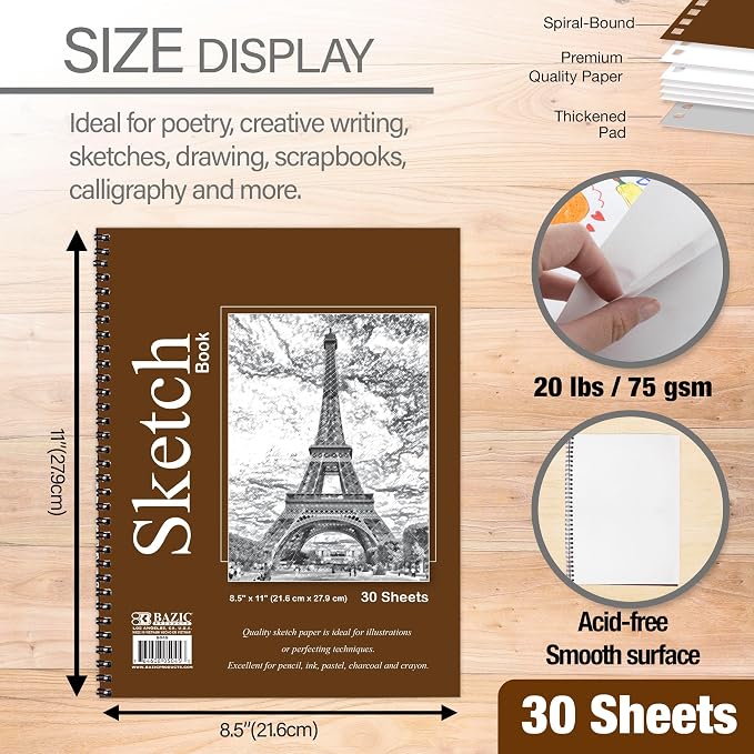 BAZIC Products Sketch Book, Side Bound, 8.5 x 11 in, 30 Sheets, 2-Pack