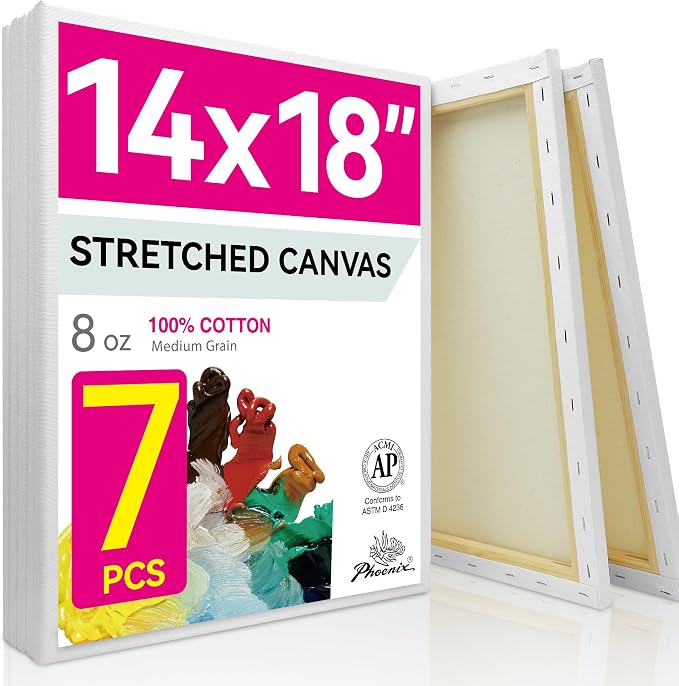 PHOENIX Large Stretched Canvas for Painting 14x18 Inch/7 Value Pack, 8 Oz Triple Primed 5/8 Inch Profile 100% Cotton White Blank Canvas, Large Framed Canvas for Oil Acrylic & Pouring Art