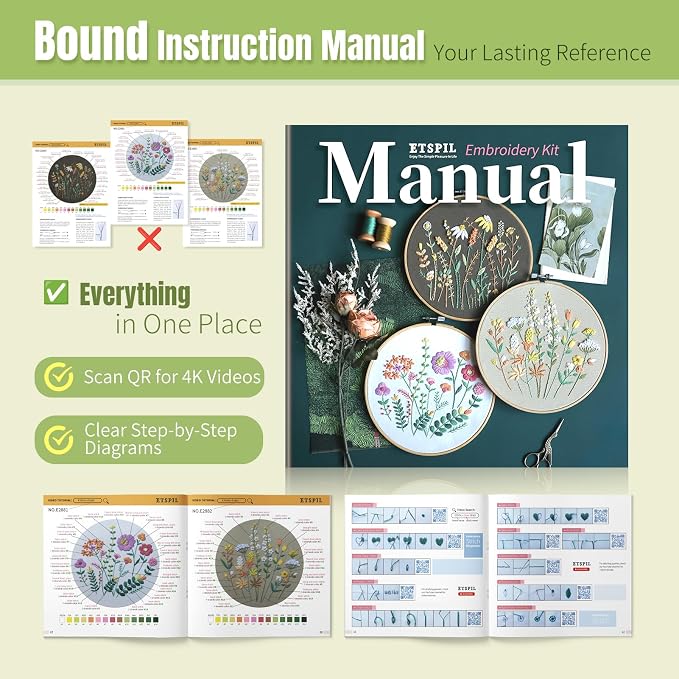 ETSPIL Embroidery Kit for Beginners, 11 Stitches, Easy to Follow, 4K Video | Pre-Printed Fabric, No-Wash. Bound Manual, Step-by-Step. 16 Needles, 14 Colors, 20% Extra. All in One Box. Quiet Time at Home