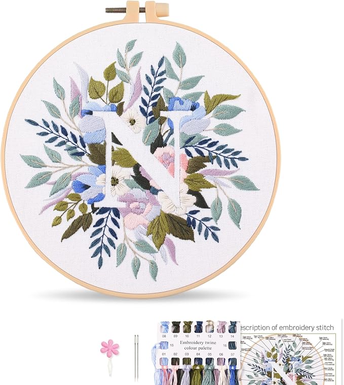 Harimau Letter N Pattern Embroidery Kit for Adult Beginners, Complete Starter Pack with 1 Hoop, Needles, Instruction Guide & Embroidery Stitch Video Tutorials