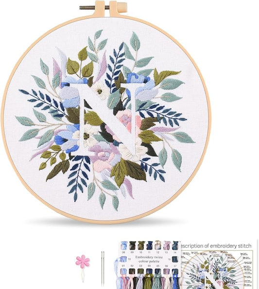 Harimau Letter N Pattern Embroidery Kit for Adult Beginners, Complete Starter Pack with 1 Hoop, Needles, Instruction Guide & Embroidery Stitch Video Tutorials