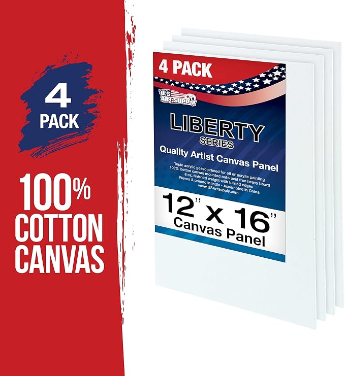 U.S. Art Supply 12 X 16 Inch Art Canvas Board Panels 4 Pack - 8 Ounce | Heavyweight Cotton Acid Free Canvases for Painting Acrylics and Watercolor (1 Case of 4 Single Canvas Painting Panels)