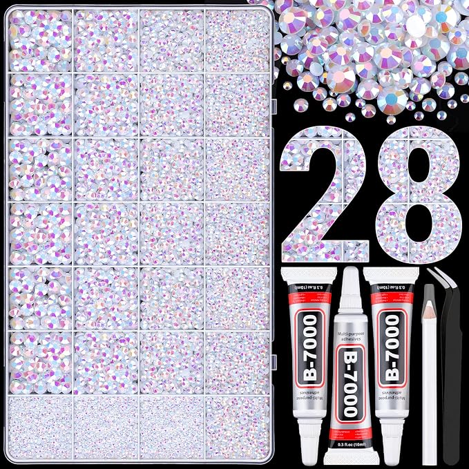 30000Pcs Resin Rhinestones for Bedazzling with Tweezers, White AB Rhinestones for Crafting with 3Pcs 10ml B7000 Jewelry Glue for DIY Crafts Clothing Tumblers Shoes Fabric Nail Art