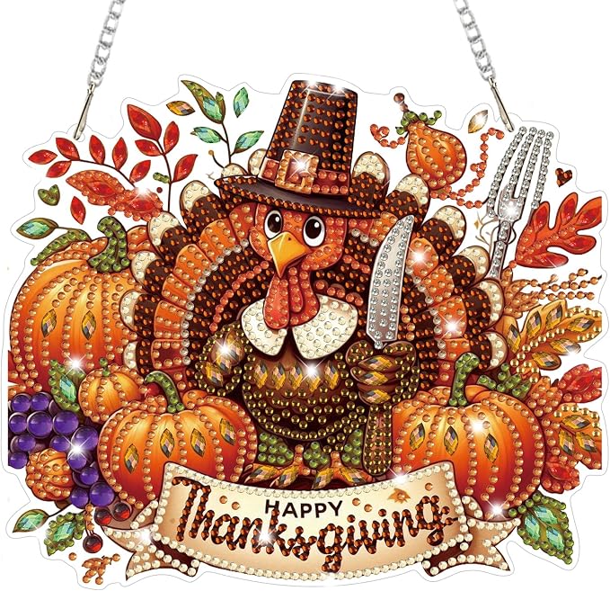 Bowetile Turkey Diamond Art Hanging Kits for Adults, Thanksgiving Diamond Art Suncatchers, 5D Halloween Pumpkin Diamond Painting Pendant Window Ornament Gifts for Home Door Wall Decor