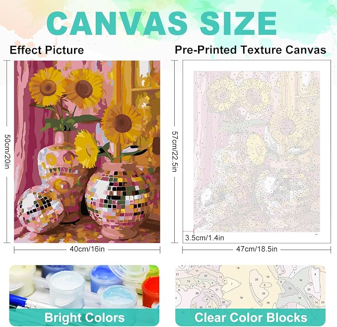 GEEHEIY Paint by Numbers Kit for Adults, Disco Sunflower Vase, 16 x 20 Inch | DIY Adult Paint by Number Kit on Canvas for Beginners, without Frame, Colorful Floral Wall Decor, Stress Relief Craft Gift
