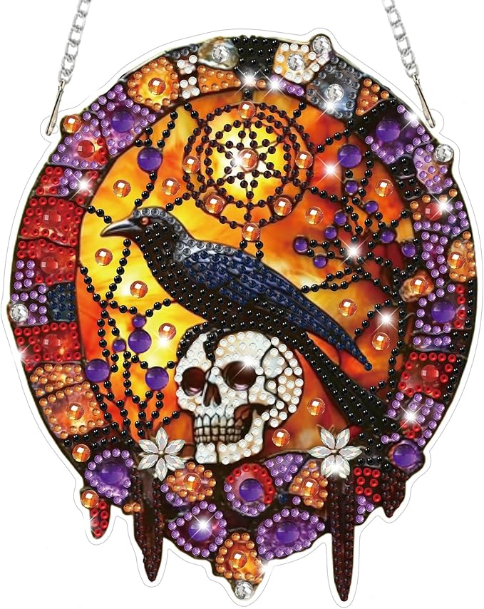 Bowetile Stained Glass Crow Diamond Art Hanging Kits for Adults, Gothic Diamond Art Suncatchers Skull, 5D Halloween Diamond Painting Pendant Window Ornament Gifts for Home Door Wall Decor
