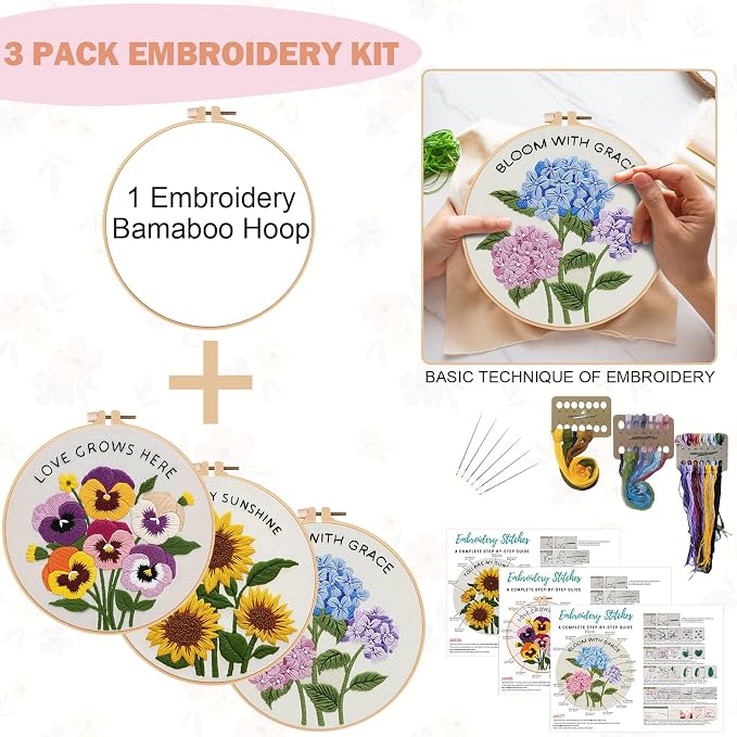 Nuberlic 3 Pack Embroidery Kit for Beginners, Floral Cross Stitch Kit