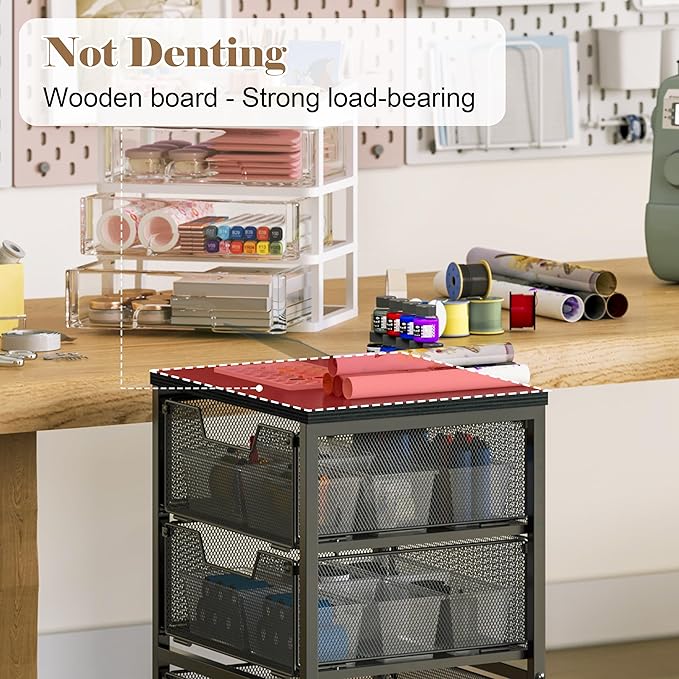 Rolling Cart with Drawers, 4-Drawer Storage Cart on Wheels with Wooden Top, Metal Utility Cart with Storage Drawers, Craft Storage Art Cart for Classroom, Office, Kitchen, Bedroom,Patent Pending