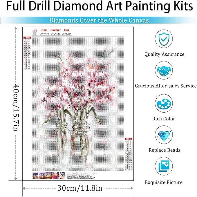 Diamond Art Kits for Adults,Pink Flowers Diamond Painting Kits 12x16in