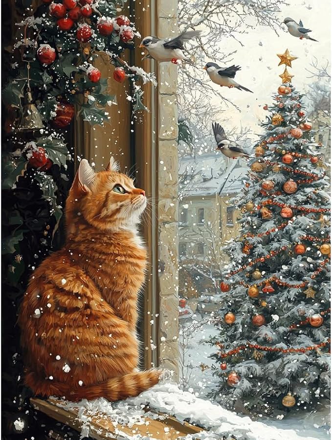 Cat Paint by Numbers Kit for Adults,Winter Painting by Numbers,DIY Acrylic Paint Kit for Adults Beginners Without Frame,Easy Christmas Adult Paint by Number Kits on Canvas for Decor 16x20inch