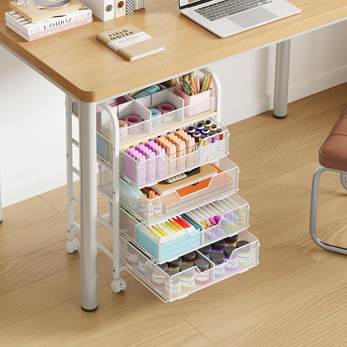 5-Tier Craft Organizer Cart with 5 Sets of DIY Dividers,Craft Organizers and Storage with Drawers,Lockable Wheels Rolling Utility Cart on Wheels,Art Supply Organizer,Ideal for Studio,Office,White