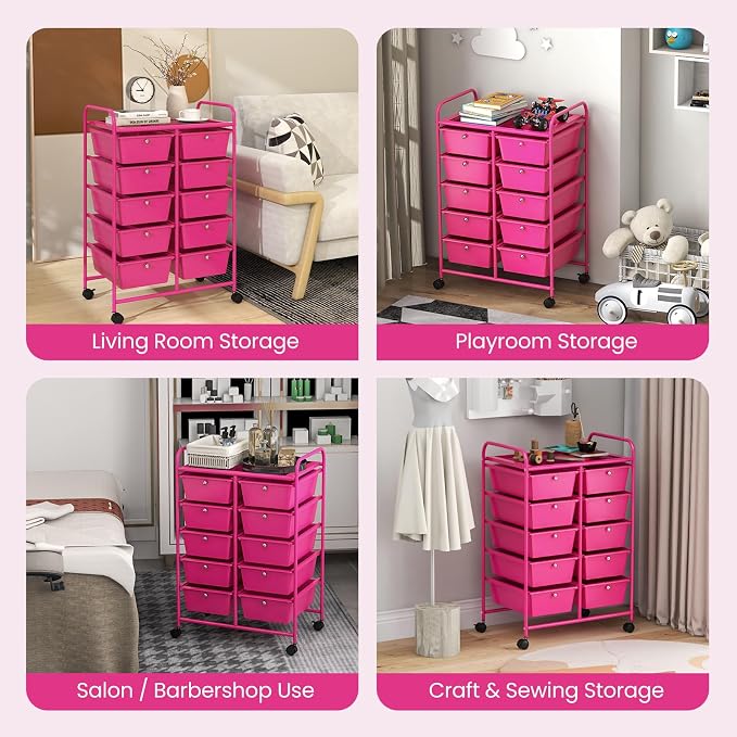 Giantex 10 Drawers Rolling Cart, Classroom Organizers, Storage Cart with Wheels, for Teacher Office Home School Supplies Tool Craft Art Paper, Hot Pink