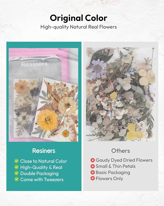 Dried Flowers, Resiners 100Pcs Pressed Flowers for Craft Real Natural Dried Flowers Dry Leaves Kit for DIY Making Crafts Resin Soap Candle Scrapbook Supplies Jewelry Making