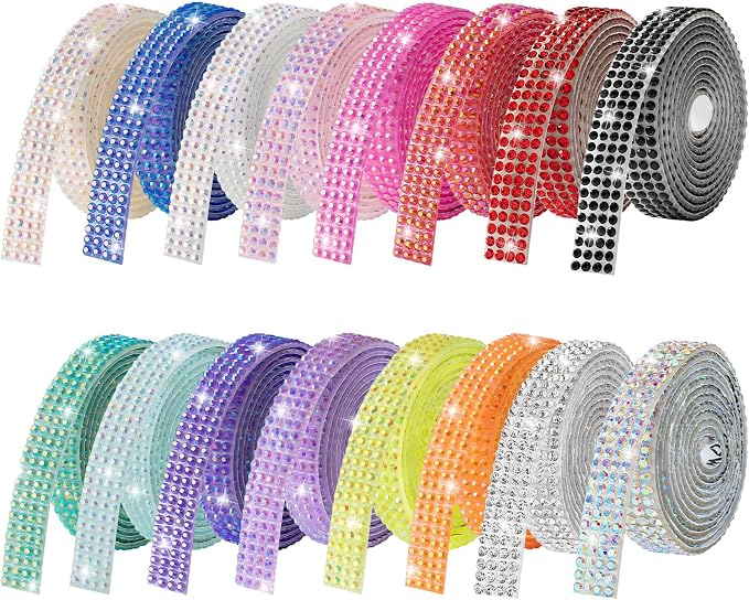 Rhinestone Ribbon Self Adhesive Crystal Rhinestones, 16-Rolls Bedazzling Strips, 16-Yard Rhinestone Strips for DIY Craft, Rhinestones for Crafting