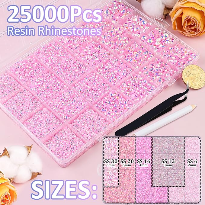 25000Pcs Resin Rhinestones for Crafting, Light Pink AB 2-6mm Mixed Sizes Non Hotfix Flatback Gems with 1Pcs Glue, Bedazzling Crystal for DIY Craft Clothing Mugs Tumblers Shoes Fabric Decor Nail Art
