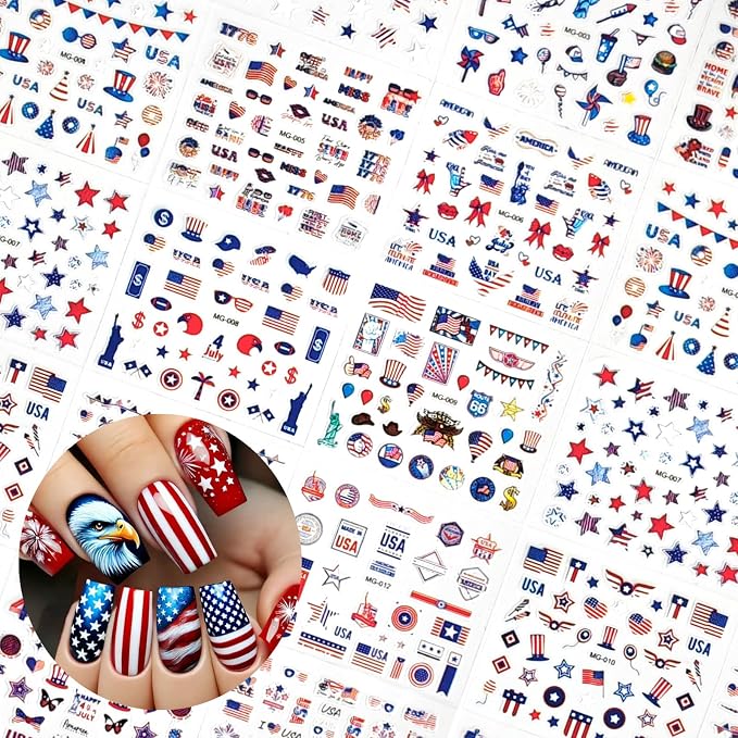 30 Sheets 4th of July Nail Stickers for Nail Art Independence Day Nails Art Stickers 3D Self Adhesive American Flag Stars Letters Fireworks Nails Decals Fourth of July Design Sticker for Women