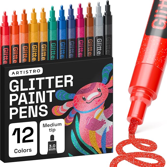 ARTISTRO 12 Glitter Paint Pens for Glass Marking - Medium Tip