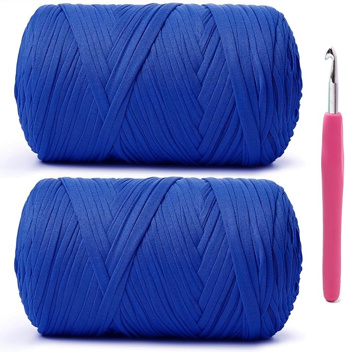2 Pack Soft Tshirt Crochet Yarn, 800g/228yds High Elastic Hand Knitting Yarns, Thick T Shirt Yarn for Crocheting Bags, Baskets, Cushions, DIY Crafts(2 Royal Blue)