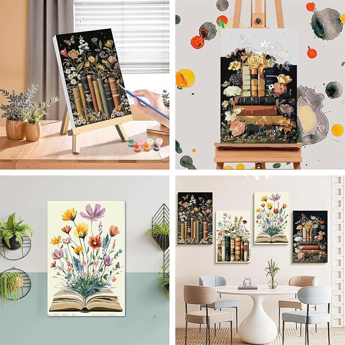 4 Pack Book Paint by Numbers for Adults with Framed Canvas - Wooden Easel | Book Paint by Number for Beginners, Flowers Acrylic Oil Painting on Canvas with Brushes for Home Wall Decor (8x12 inch)