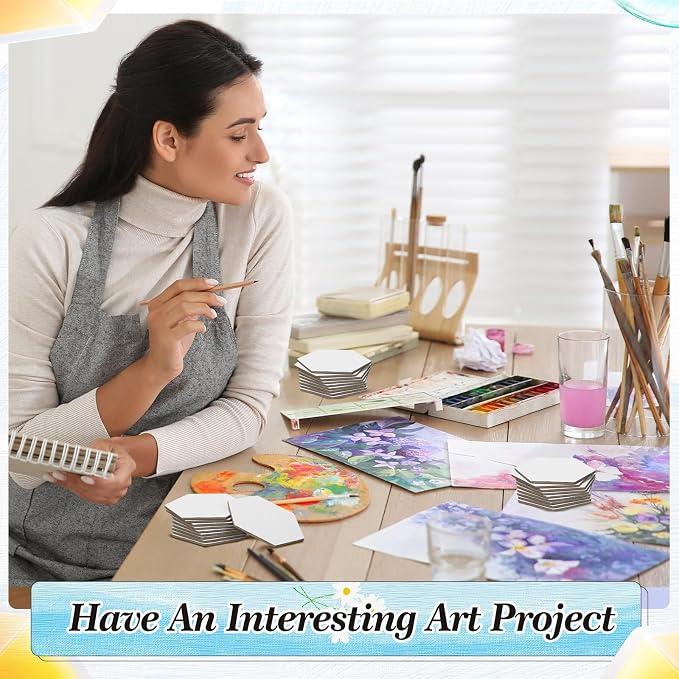 Nezyo 75 Pieces Magnetic Painting Canvas Panel Mini Canvas Boards Mini Canvases Tile Art for Painting Magnetic Fridge Locker Art Paints Crafts DIY Kit (Hexagon,3 Inch)