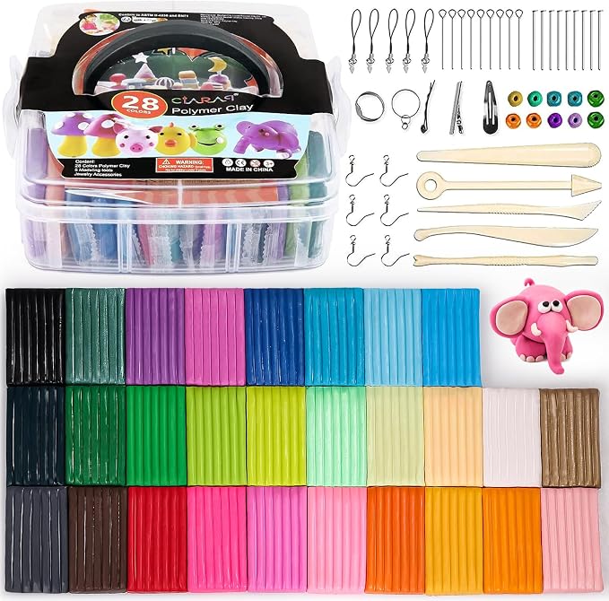 CiaraQ 28-Color Polymer Clay Oven Bake Modeling Kit | 5 sculpting tools, storage box, acc. pack, guide. Great for school, home, gifts, kids & artists.