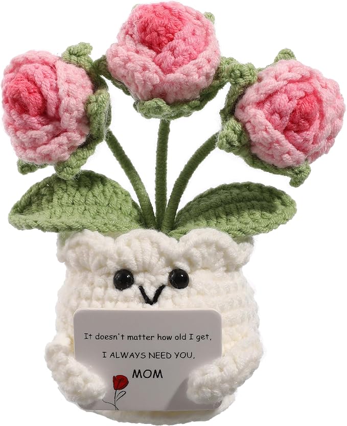 Crochet Rose Gift for Mom – Mothers Day Gifts from Daughter Son, Handmade Pink Rose Flower with Card “I Always Need You, Mom”, Cute Desk Decor, Ready-to-Gift with Clear Box