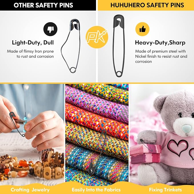 Safety Pins Assorted, 680 Pack Small & Large Heavy Duty Safety Pins for Clothes Sewing, 5 Different Sizes Pin Bulk, Arts and Crafts Supplies, Black