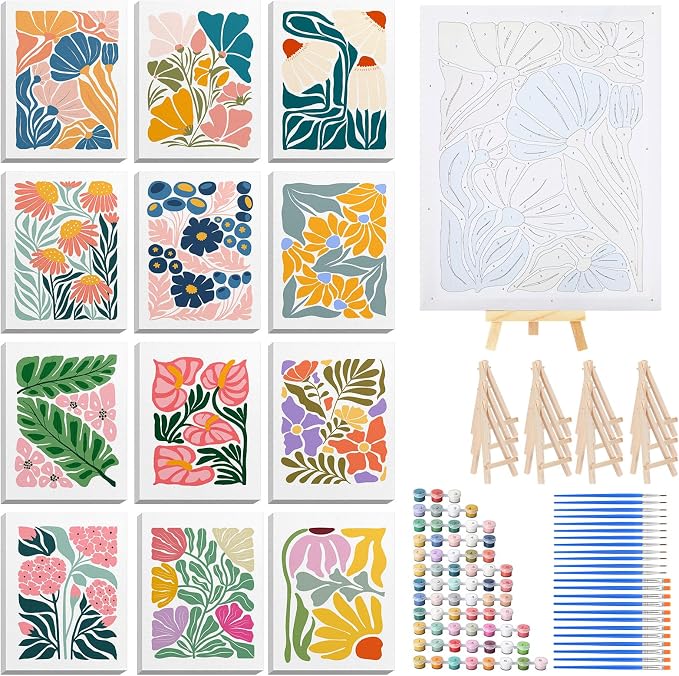 RoundFunny 12Set Paint by Numbers Kit for Adult Garden Bloom Painting 8x10 | with Wooden Frame Easel Acrylic Paints Brushes Watercolor Oil, DIY Stress Relief Paint by Number for Beginner Home Wall Decor