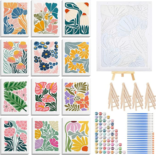 RoundFunny 12Set Paint by Numbers Kit for Adult Garden Bloom Painting 8x10 | with Wooden Frame Easel Acrylic Paints Brushes Watercolor Oil, DIY Stress Relief Paint by Number for Beginner Home Wall Decor