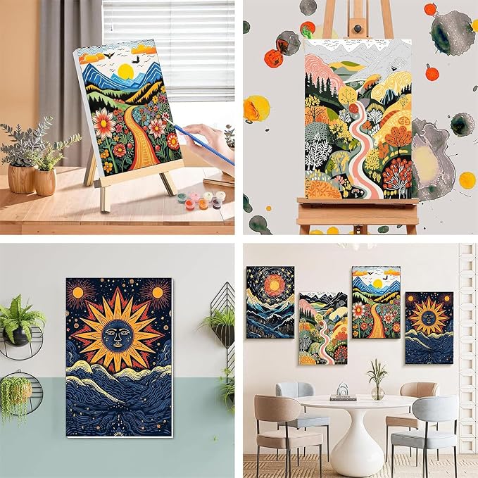 4 Pack Scenery Paint by Numbers for Adults with Frame Canvas - Wooden Easel | Abstract Landscape Paint by Number on Canvas, Acrylic Oil Painting Kits with Brushes for Home Wall Decor (8x12 inch)