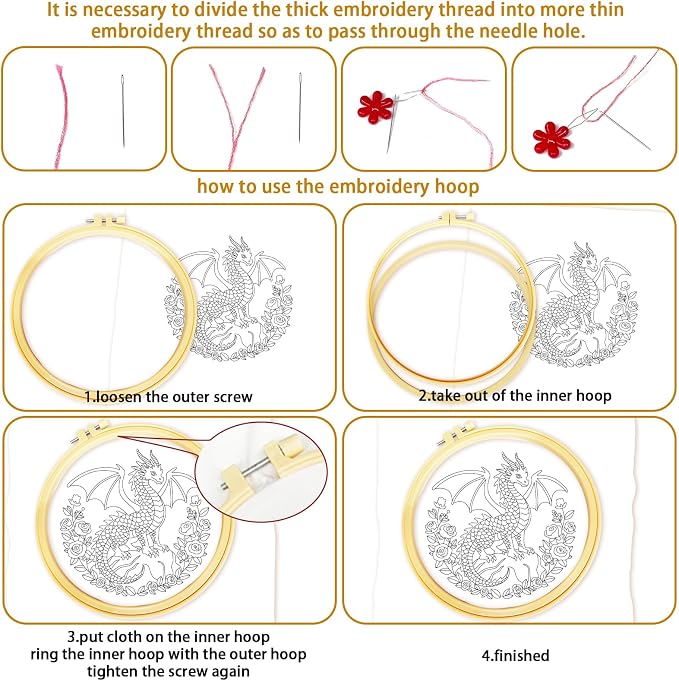 BEUNITONE 6 Set Embroidery Kits for Beginners with Dragon Pre-Print Pattern