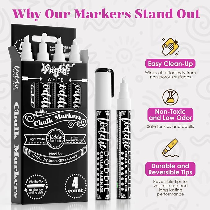 Loddie Doddie Liquid Chalk Markers, Chalk Markers for Glass, White, 4 Pack | Chalk Markers for Blackboard, Glass, Mirror, Window & Car Window Use, Reversible Bullet & Chisel Tip, Non Toxic, Odor Free