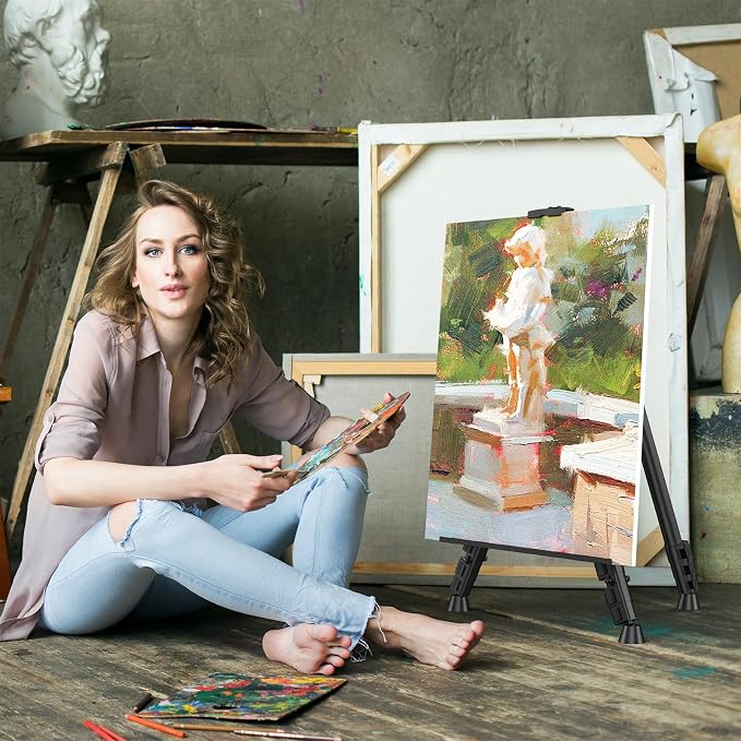 Art Painting Tripod Easel Stand - Portable Adjustable Display Artist Easel | Black Metal Stand with 1 Bag for Tabletop/Floor Painting, Height from 17 to 66 inches, Sturdy for Drawing, Displaying