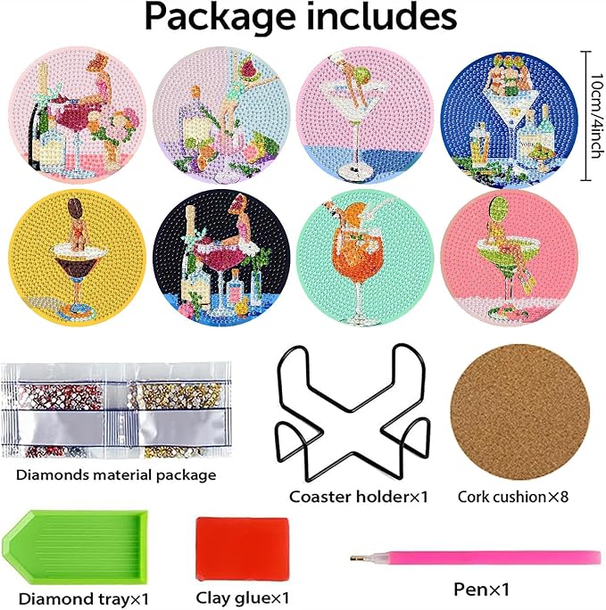 askkqtx 8 Pcs Cocktail Diamond Art Coasters Kits with Holder 4X4 Inch