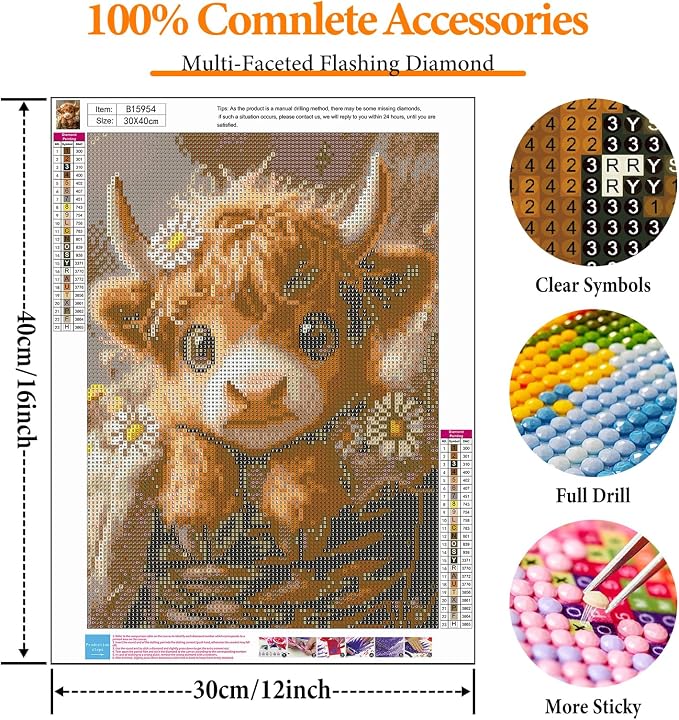 Diamond Art Kits for Adults, Highland Cow Diamond Painting for Beginners | 12x16 Inch, Full Drill Round Dots, Baby Cow DIY 5D Gem Art Craft Kits, Home Wall Decor, Stress Relief Relaxing Hobby Gift